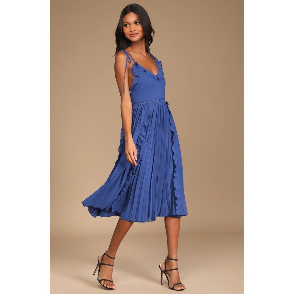 Lulu's Royal Blue Pleated Midi Dress with Ruffle Trim
